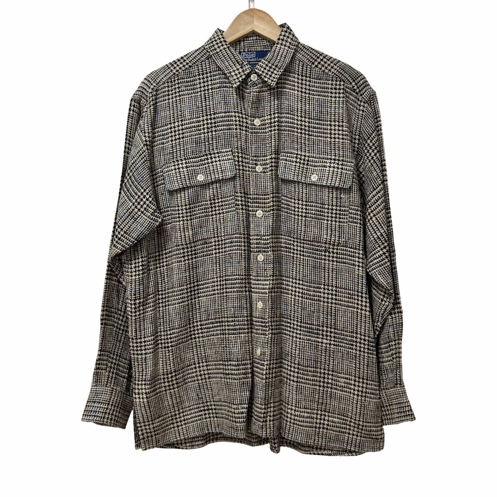 Polo Ralph Lauren Folson Silk Houndstooth Button Up Shirt Mens Size M Tan Black